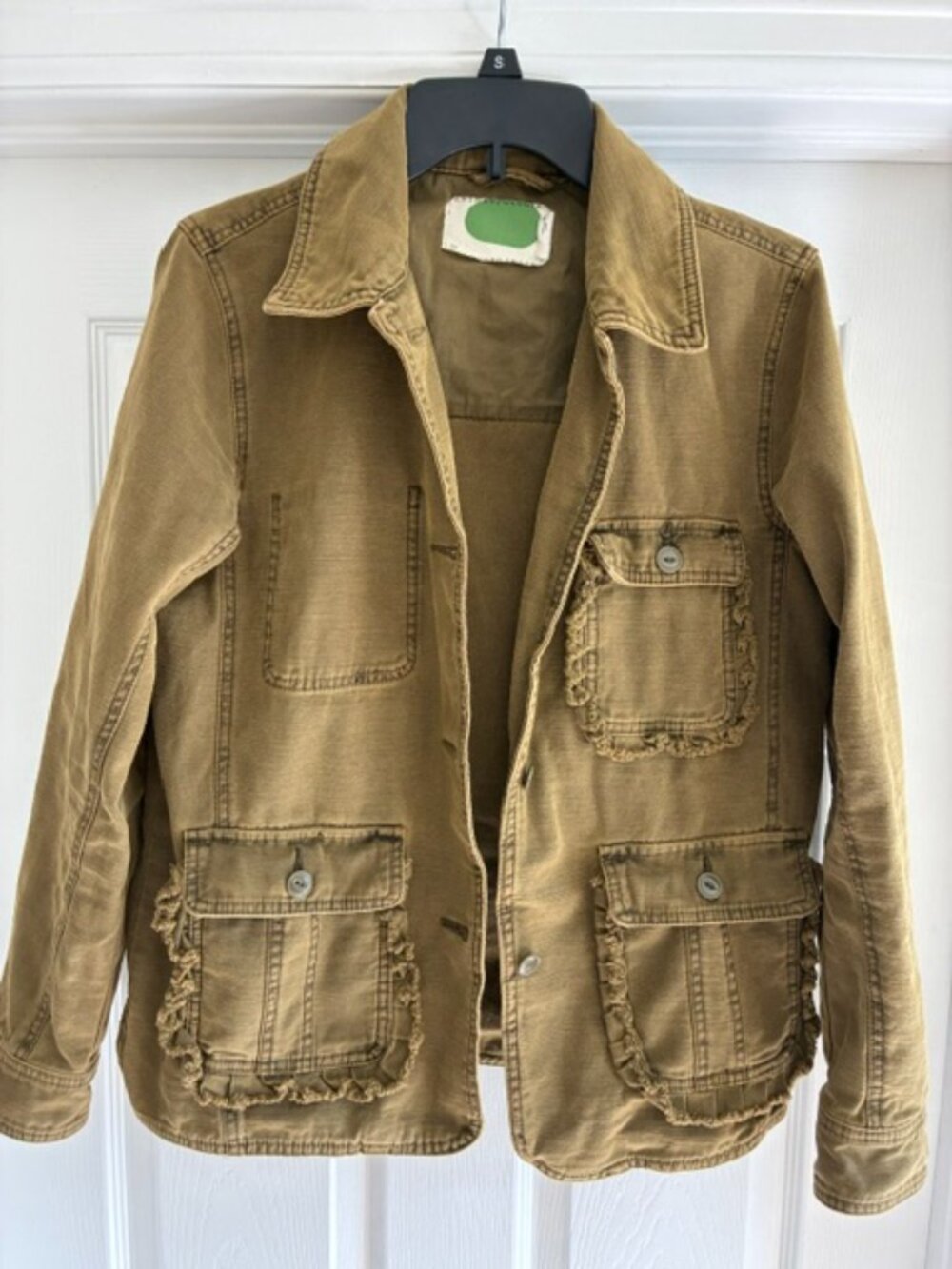 Anthropologie Ruffled olive green utility jacket, size small, great condition!